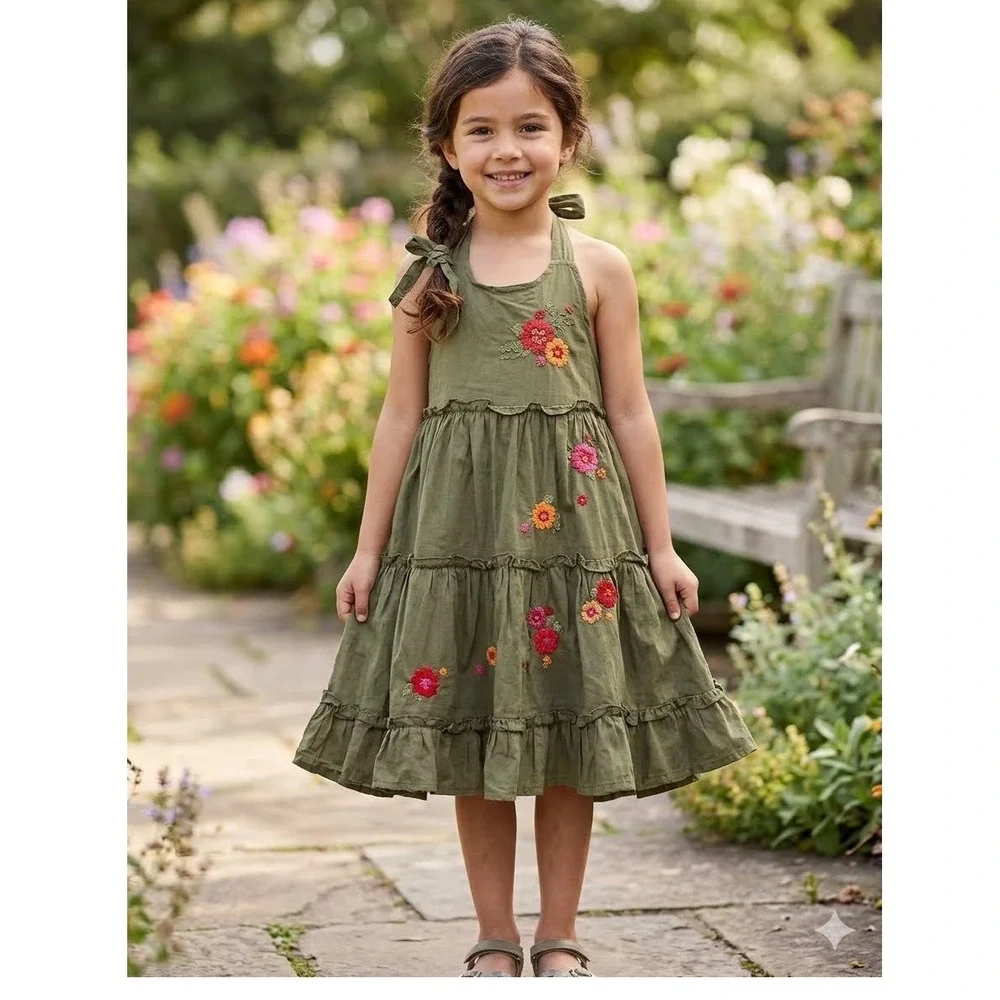 Gymboree Vintage 2005 Girls 2T Olive Green Floral Embroidered Halter Dress